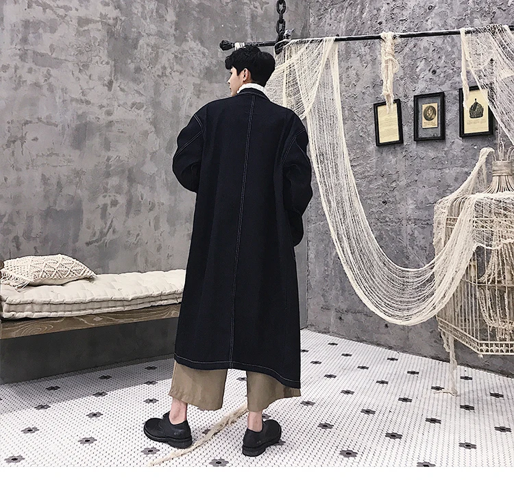 

Men Spring Autumn New Couple Long Denim Trench Coat Streetwear Fashion Casual Loose Cowboy Cardigan Jacket Male Overcoat