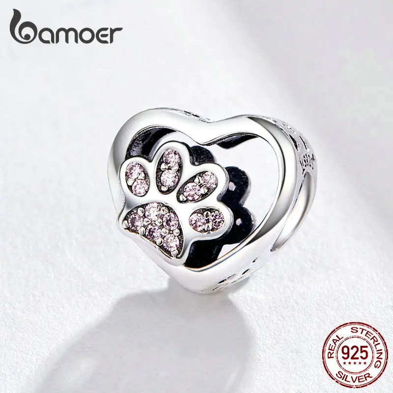 BAMOER кошка любовь в форме сердца очарование 925 пробы серебряные следы лап Сердце
