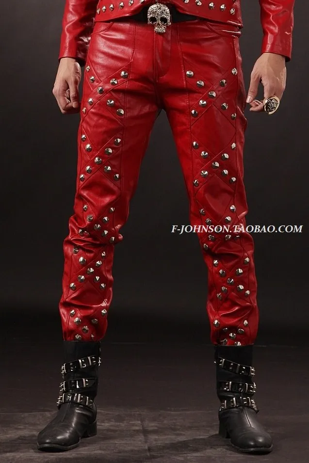 

Hot! Free Personality Fashion Rivets Men Novelty Stage Locomotive Suits Leather Pants / m-xl joggers pantalon hombre