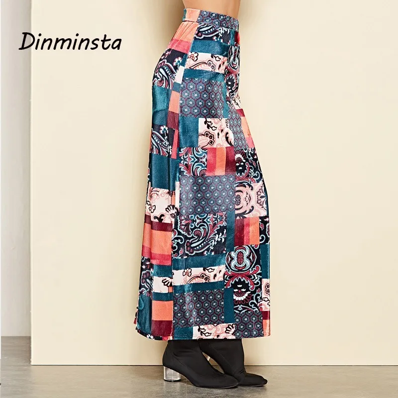 Dinminsta Women Bohemian Fashion Plaid Print Velvet Long Skirt Female Spring Casual Straight Elastic High Waist Maxi Skirts 2019 | Женская