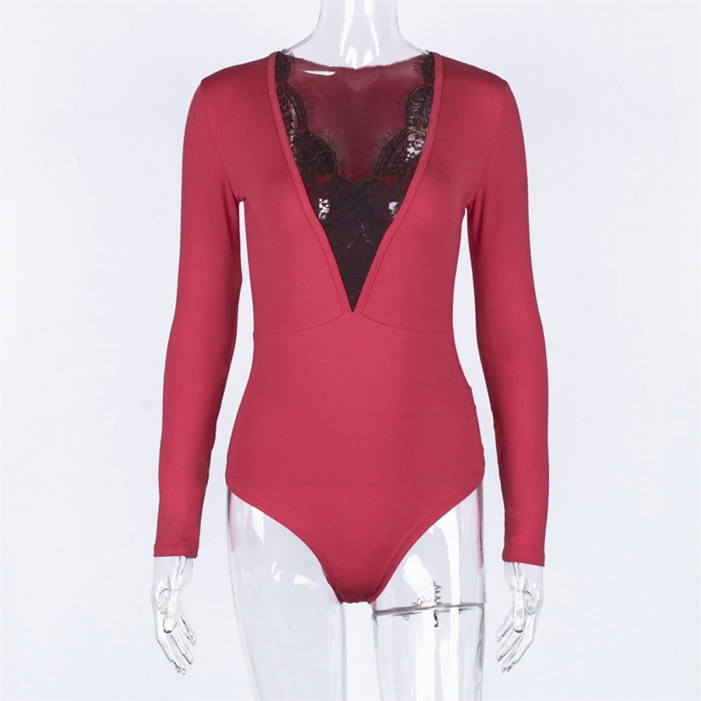 Sexy Women Lady Long Sleeve Bandage Bodysuit Leotard Top Lace Deep V Neck Sunsuit Clothing | Женская одежда