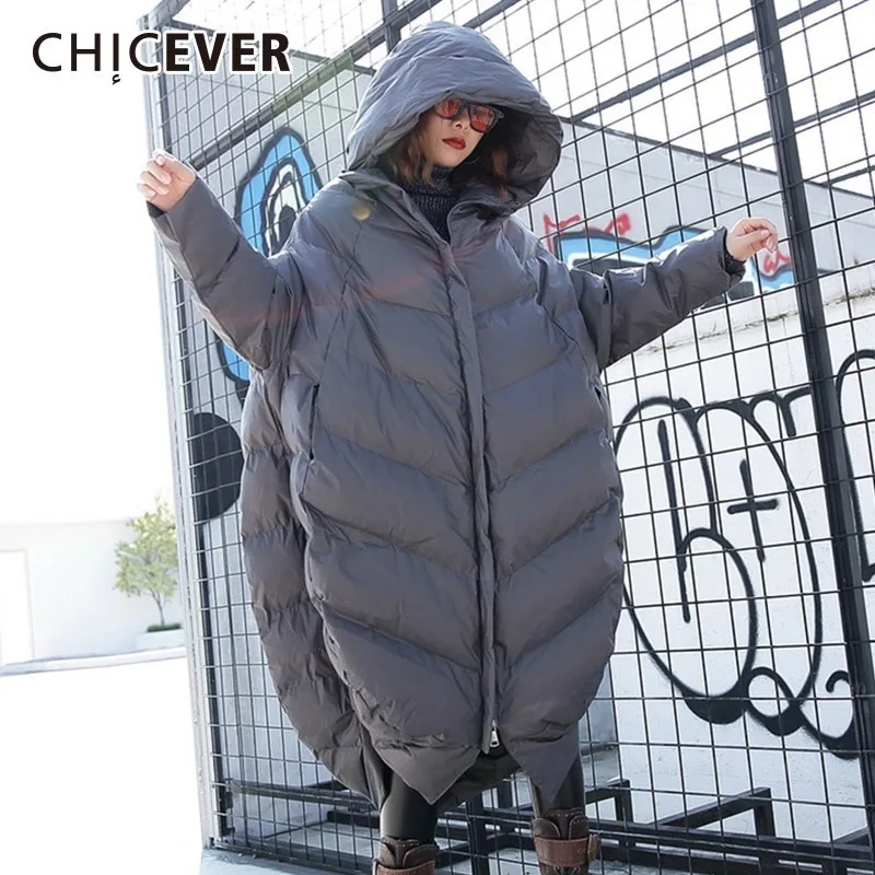 CHICEVER Для женщин зима пуховики с капюшоном длинным рукавом молнии свободные