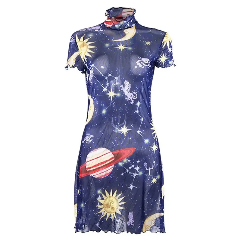 2019 новое летнее платье для женщин с мультяшным принтом тонкая сетка Прозрачная