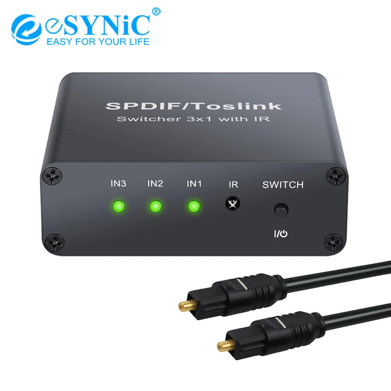 eSYNiC SPDIF/Toslink Switcher 3x1 with IR Remote Digital Optical Audio Switchers For Fit LPCM2.0/DTS/Dolby-AC3 Toslink | Электроника