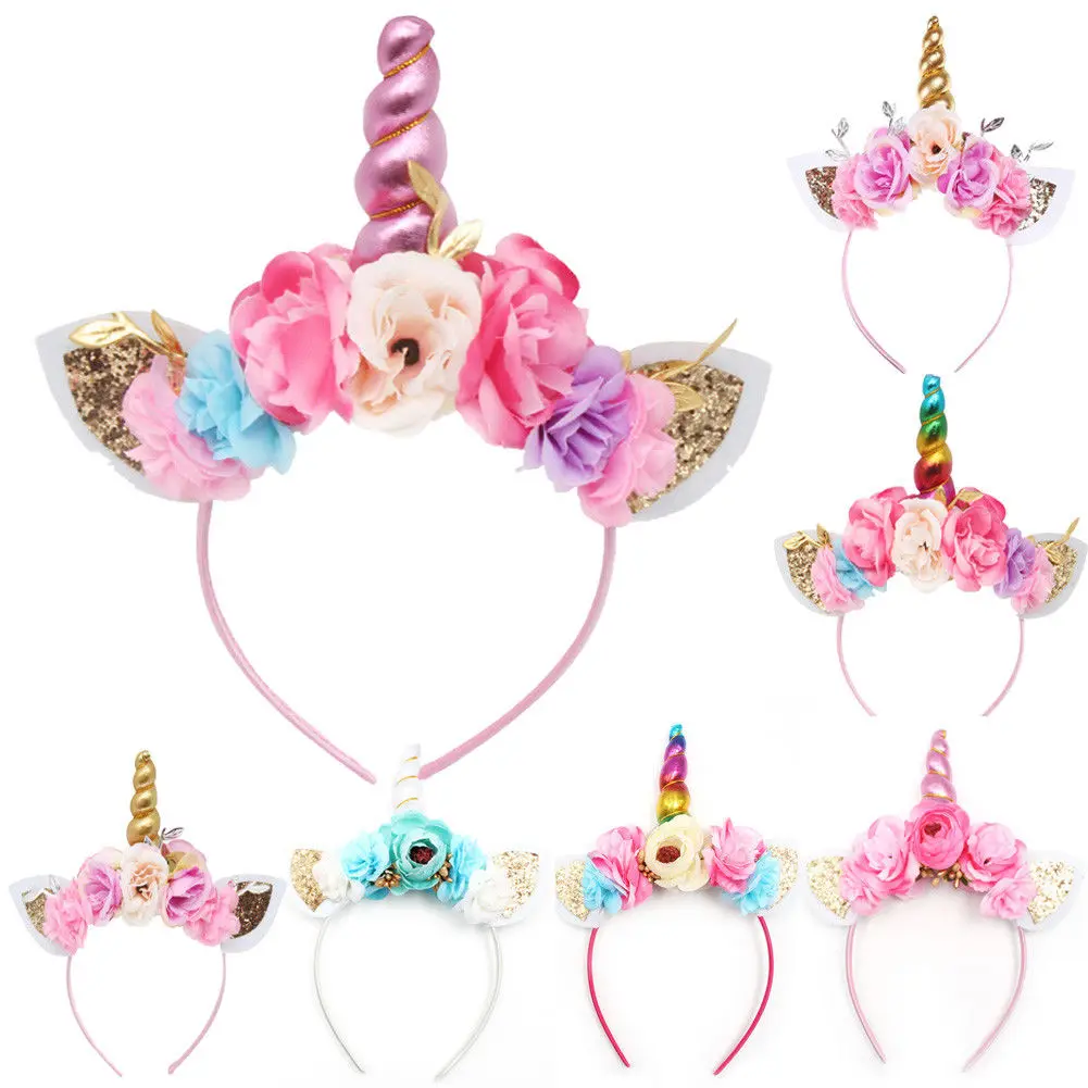 2018 новый бренд милый Единорог Рог детское украшение на голову с цветами нарядное