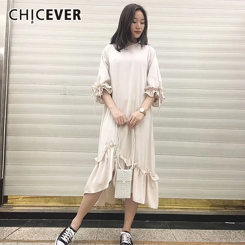 CHICEVER летнее повседневное однотонное женское платье с круглым вырезом и