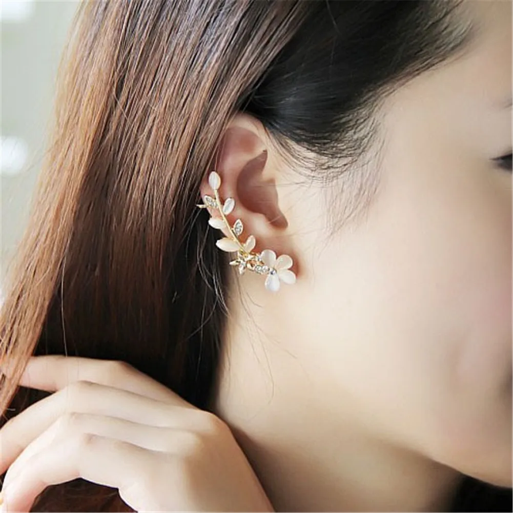 New 1pcs Flower Clip Earrings Shape Rhinestone Left Ear Cuff Ladies Fashion Party Crystal Elegant Golden Earring | Украшения и