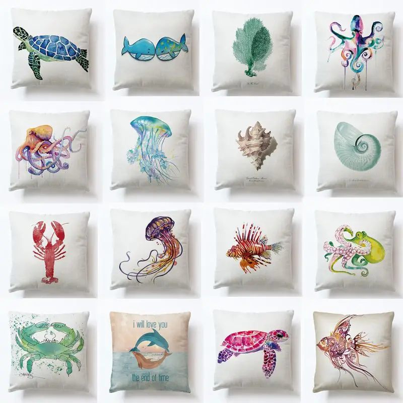 

RUBYLOVE Sea Turtle Printed Cotton Linen Cushion Cover Marine Ocean Fish Home Decor Pillowcase Octopus Sofa Cushion Case