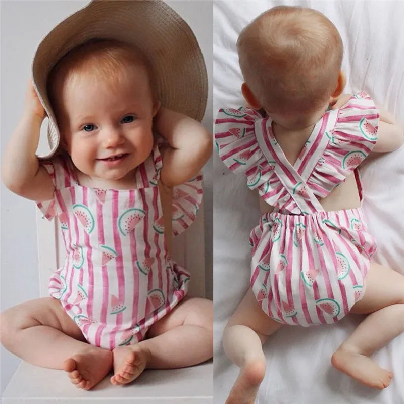 

Newborn Toddlers Baby Girls Clothes Sleeveless Playsuit Bodysuit Jumpsuit Backless Criss-cross Watermelon Print Bodysuit 0-24M