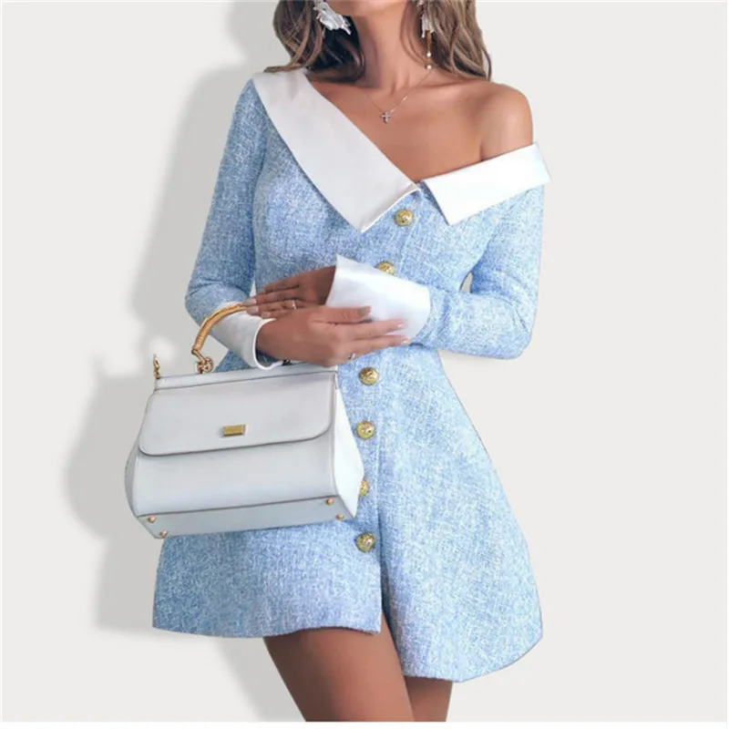 Women Spring Fall Patchwork Asymmetric Button Design Dresses OL office Lady Irregular Long Sleeve Evening Party Dress | Женская одежда