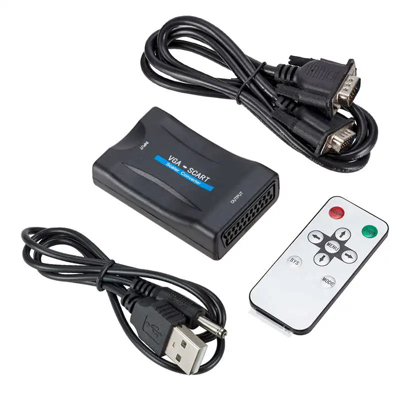 Vga к Scart видео аудио конвертер адаптер с дистанционным управлением Usb Dc кабель