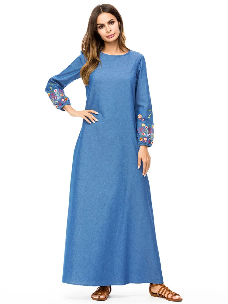 Мусульманское новое платье abaya джинсовое с вышивкой длинный рукав исламский