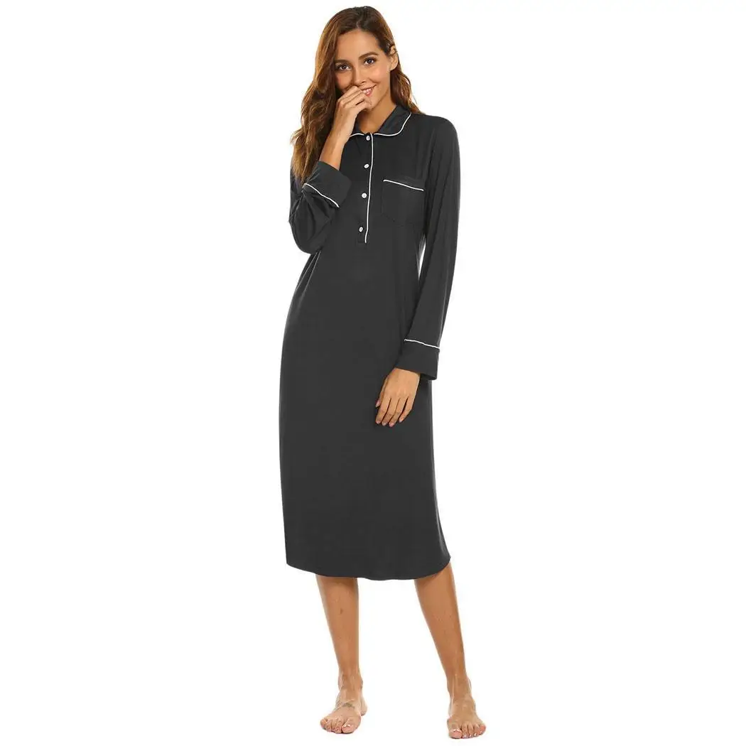 sleep Waist 88cm Height Turn-down Collar Hip Button Long Solid Women 59cm Loose 176cm Night Nightdress Sleeve 90cm Bust | Женская одежда