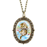 lovely cherry kitty pocket watch for girl warm patch quartz pocket watch retro elliptical gift for pocket watch with necklace