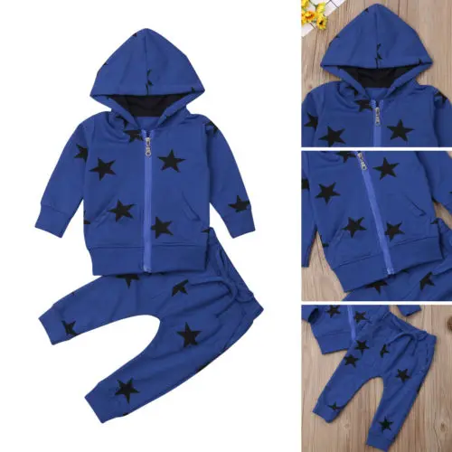 2018- Baby Boy Girl Infant Clothes Autumn Winter Star Partten Long Sleeve Zipper Hooded Sweatshirt Tops+Pants 2PCS Set Outfits |