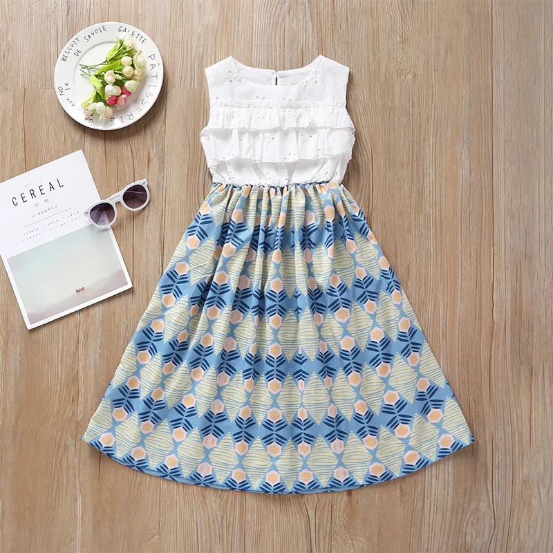 summer sleeveless long dress toddler baby girls clothes kids girl dresses floral patchwork A-line white costume cotton o-neck | Детская