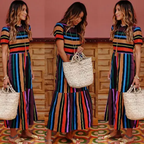 Женское длинное платье с коротким рукавом Boho свободное пляжное в полоску для