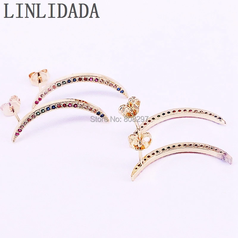 

8Pair 2019 Latest Crescent earrings for women girls gold color paved rainbow cz Slim Moon Charm Stud Earrings mini nice jewelry