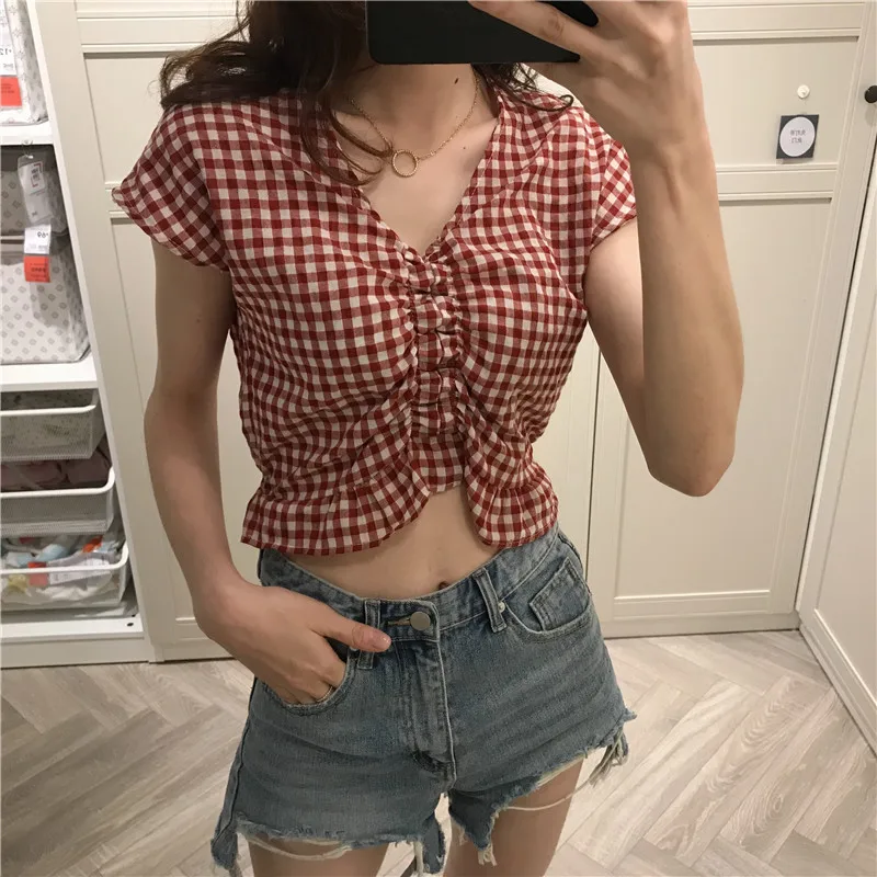 Женский короткий топ с V-образным вырезом маленькая винтажная короткая рубашка в