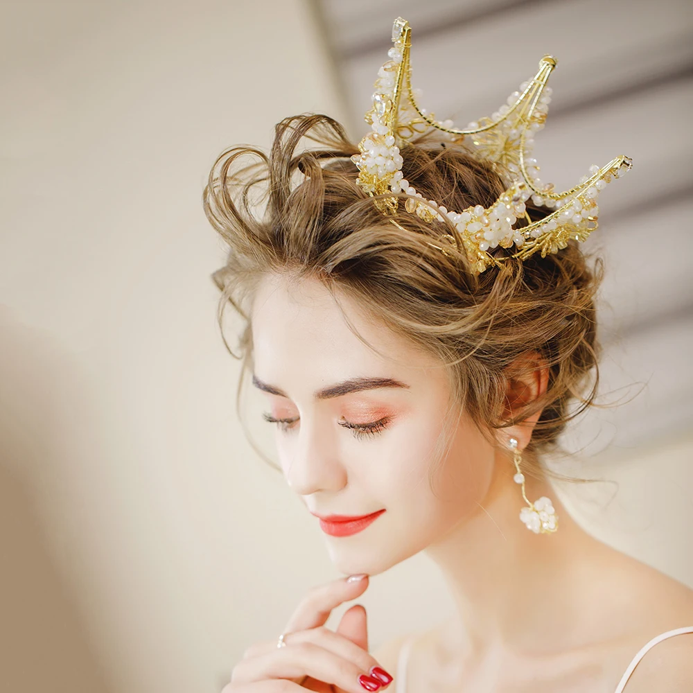 Classic Gold Color Round Tiara Crown Handmade Beaded Headband Hair Jewelry for Wedding Bridal Headdress with Clip-on Earrings  Украшения