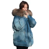 large fur collar blue fashion down cotton coat parka winter jacket women tie waist loose plus size padded overcoat female ls116