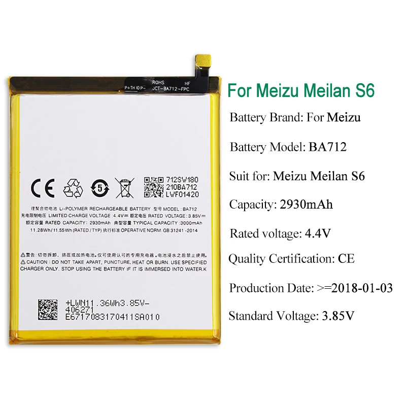JRZ 2930mAh BA712 батарея для Meizu Meilan S6 M712C/M/Q/Q-B сменные батареи телефона Bateria с