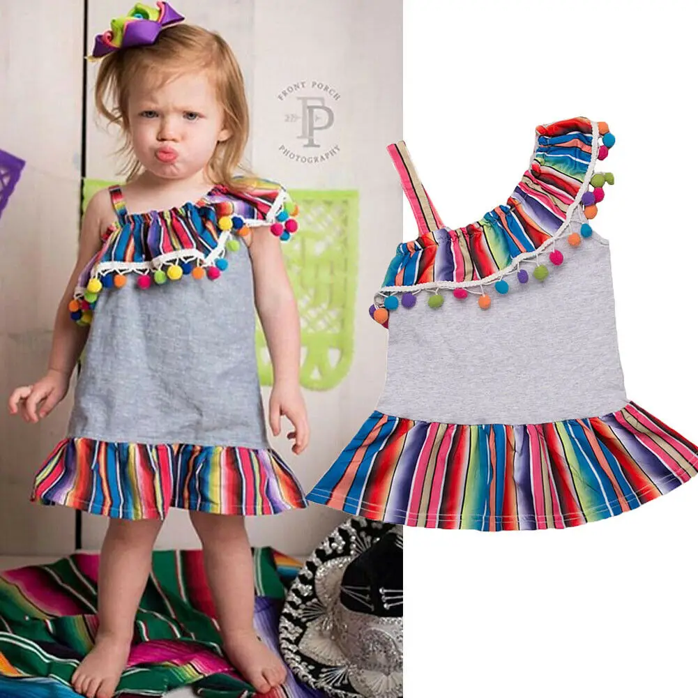 Lovely Kids Baby Girls Rainbow Dress/Romper Summer Girl One Shoulder Strap Tassels Dress Sister Matching Cotton Clothes 0-5Y | Детская