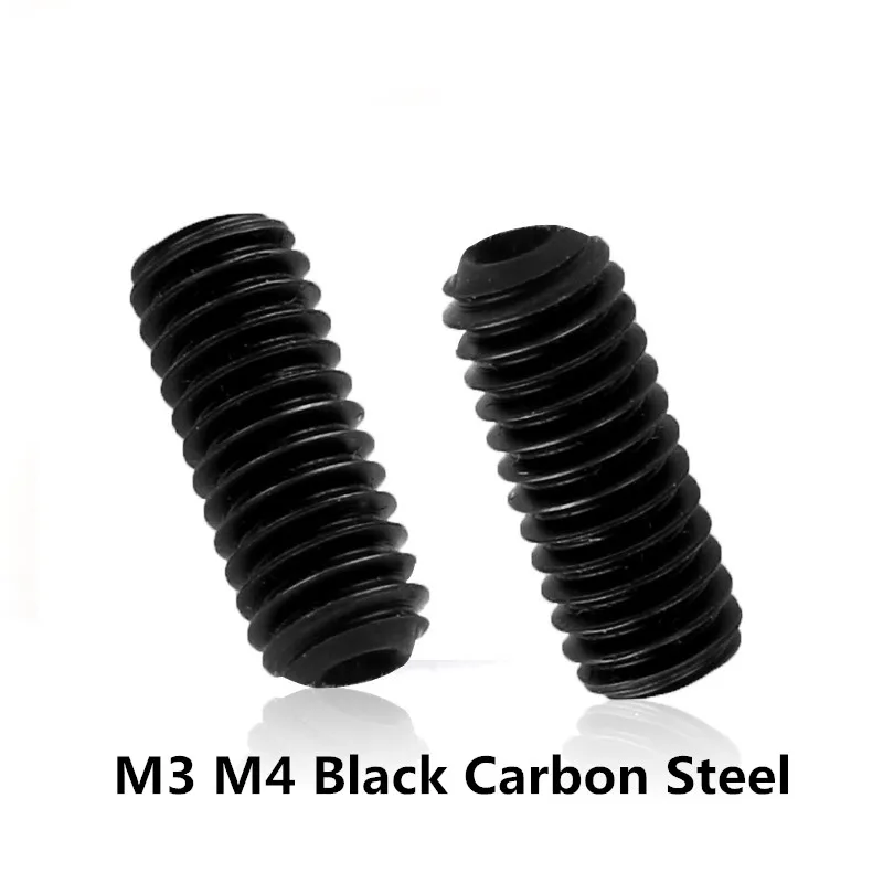 

2021 Real Wood Screws 100pcs M3 M4 Din916 Black Carbon Steel Metric Thread Grub Screws Inner Hexagon Socket Set Headless Bolt