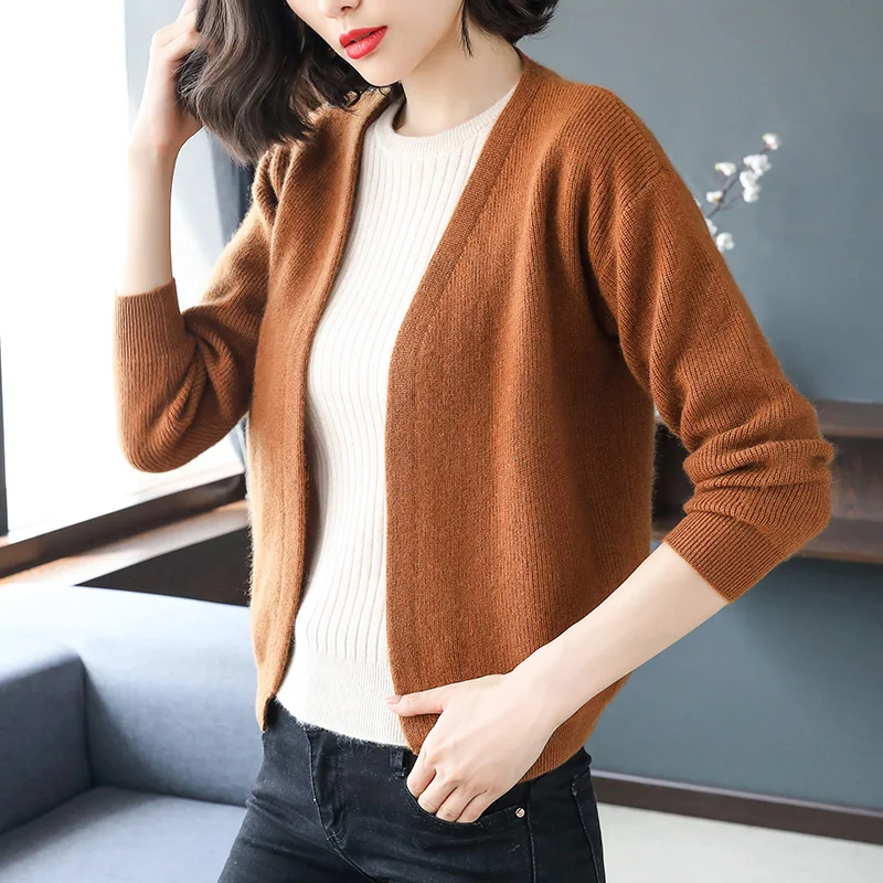 2019 Autumn and Winter Warm Wool Cardigan Women V-neck Long-Sleeved Sweater A Slim Wild Knit Bottoming Shirt Large Size |