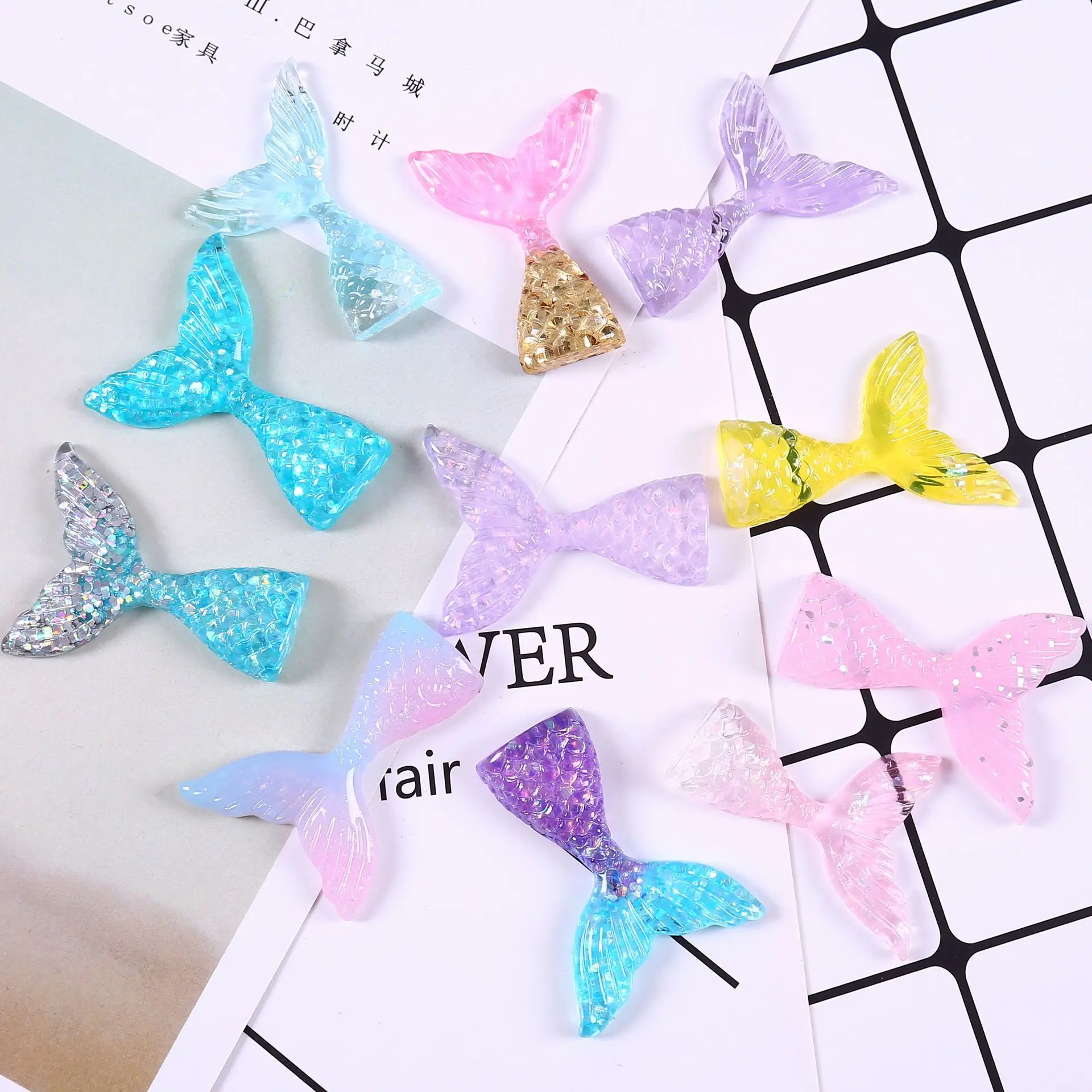 New 32*41mm Resin Fish Tail Pendant Chain Necklace Diy Accessories Cream Color Earrings Material Pearl Jewlery Making 5pcs/bag | Украшения