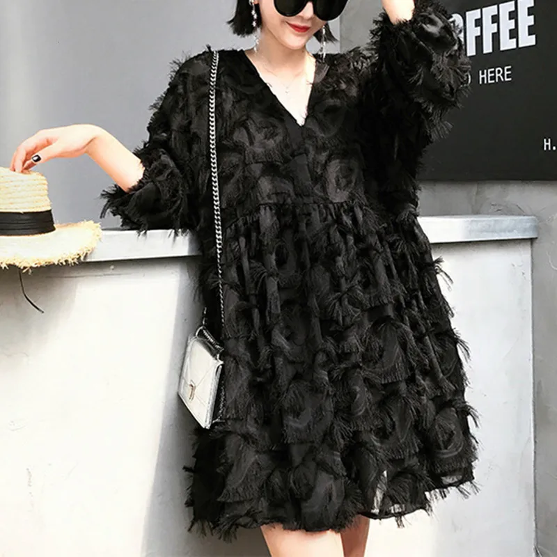 Женское платье-туника LANMREM черное платье с высокой талией и перьями кисточками