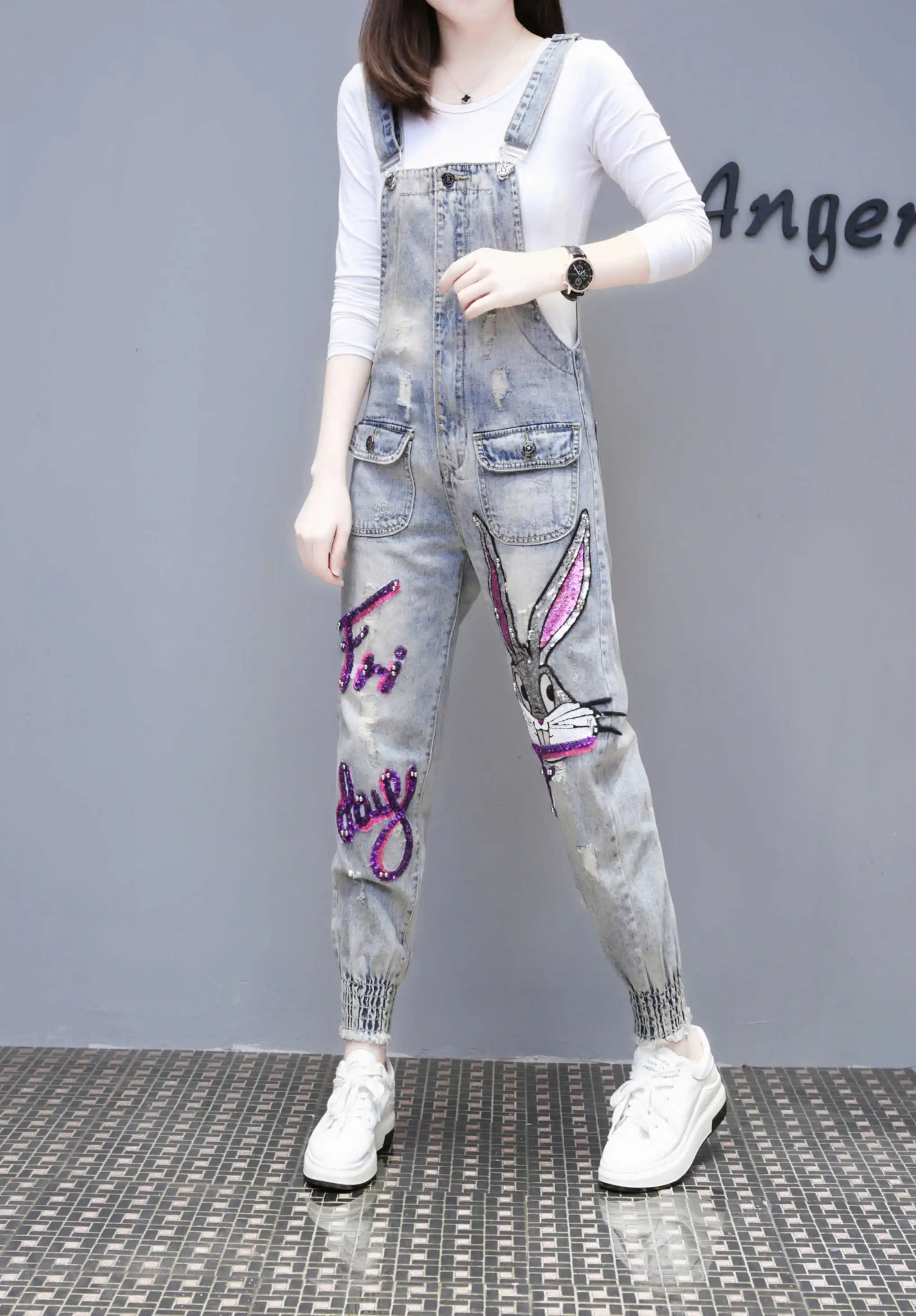 Комбинезон женский с жемчужинами и бисером повседневный джинсовый комбинезон