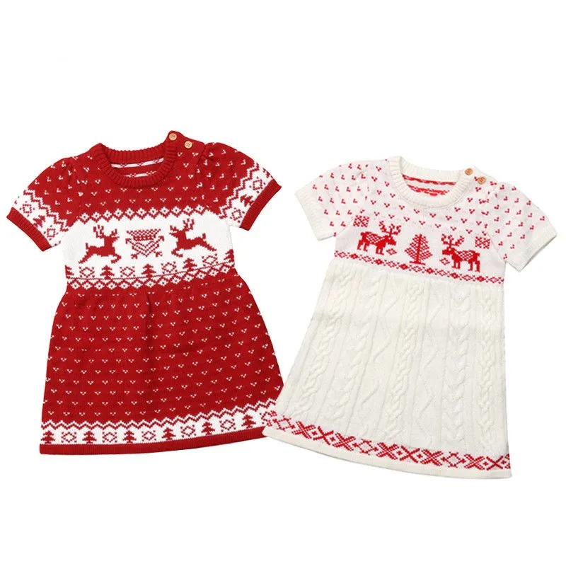 Christmas Newborn Kid Baby Girls Knitted Wool Crochet Dress Tops Xmas Short Sleeve Cute Children Girl Clothes | Детская одежда и