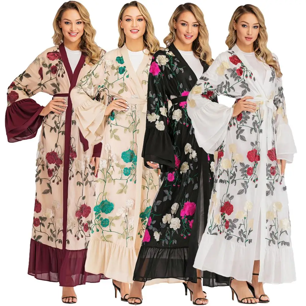 Шифоновое кимоно-кардиган с цветочным принтом Abaya длинное мусульманское платье