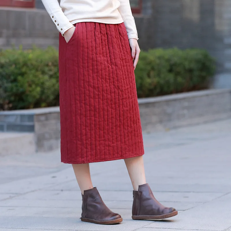 Runback/Однотонная юбка женская стеганая с эластичной талией до середины икры на