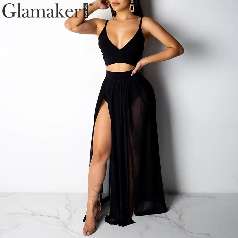 Glamaker сексуальный шифоновый укороченный топ костюм из двух предметов длинное