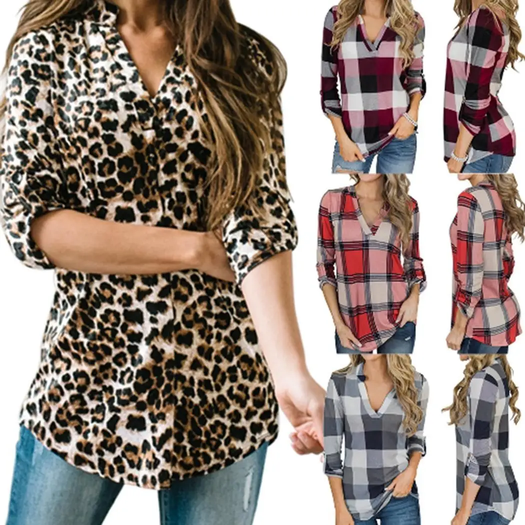 Для женщин Повседневное плед печати V образным вырезом с длинным рукавом