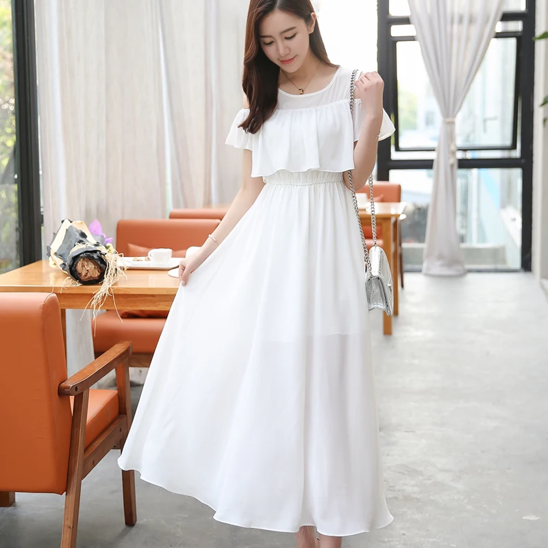 2019 Новое шифоновое платье розовое белое синее тонкое Летнее Длинное Платье