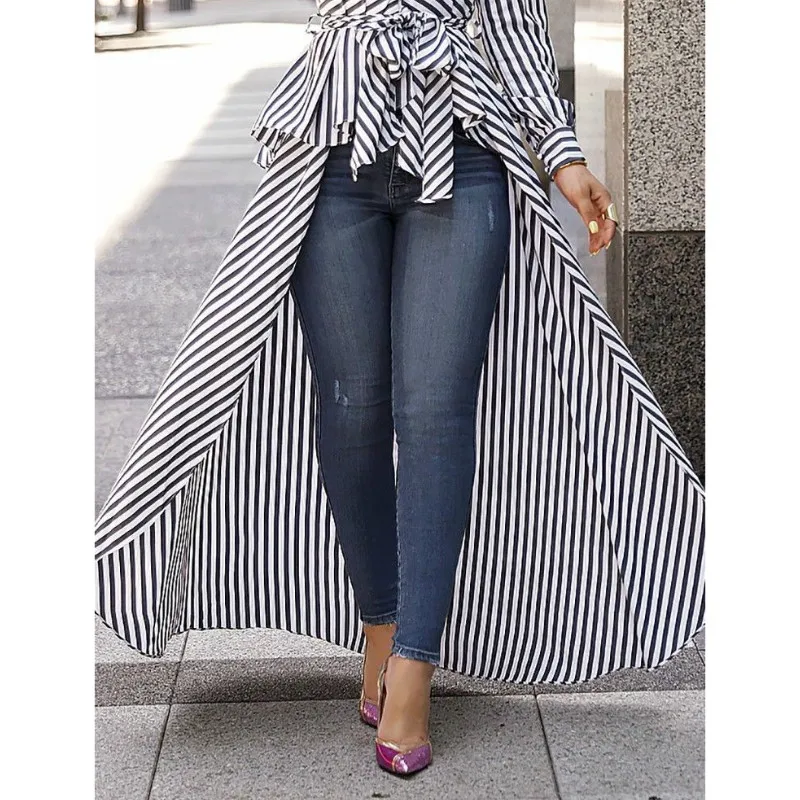 Женское платье рубашка в полоску с длинным рукавом и поясом|Женские платья| |