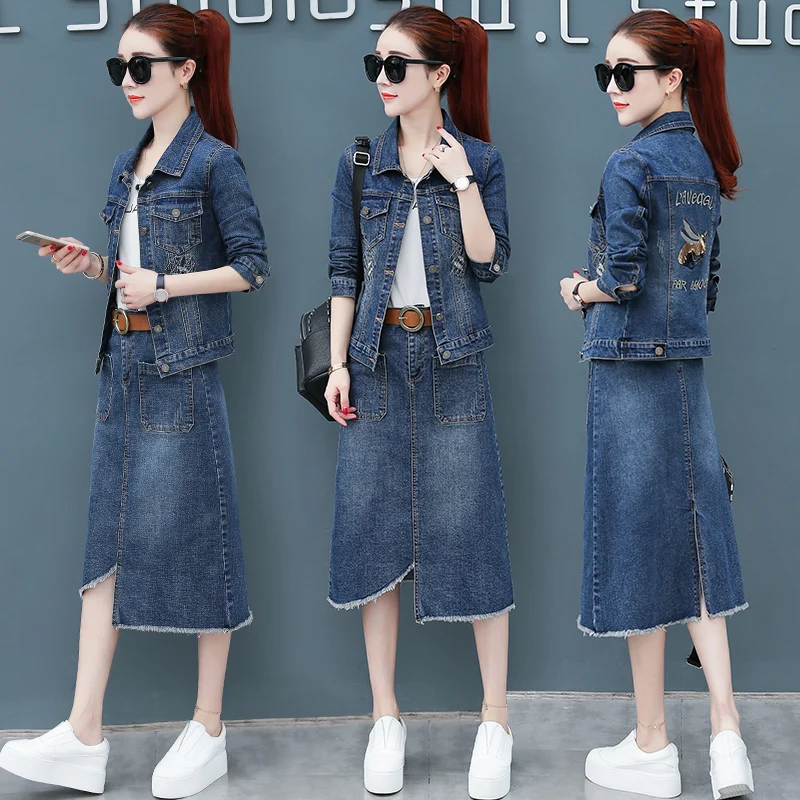 

Женский джинсовый костюм, комплект из двух предметов, джинсовая куртка в стиле ретро и джинсовая юбка-карандаш с асимметричным разрезом, ве...