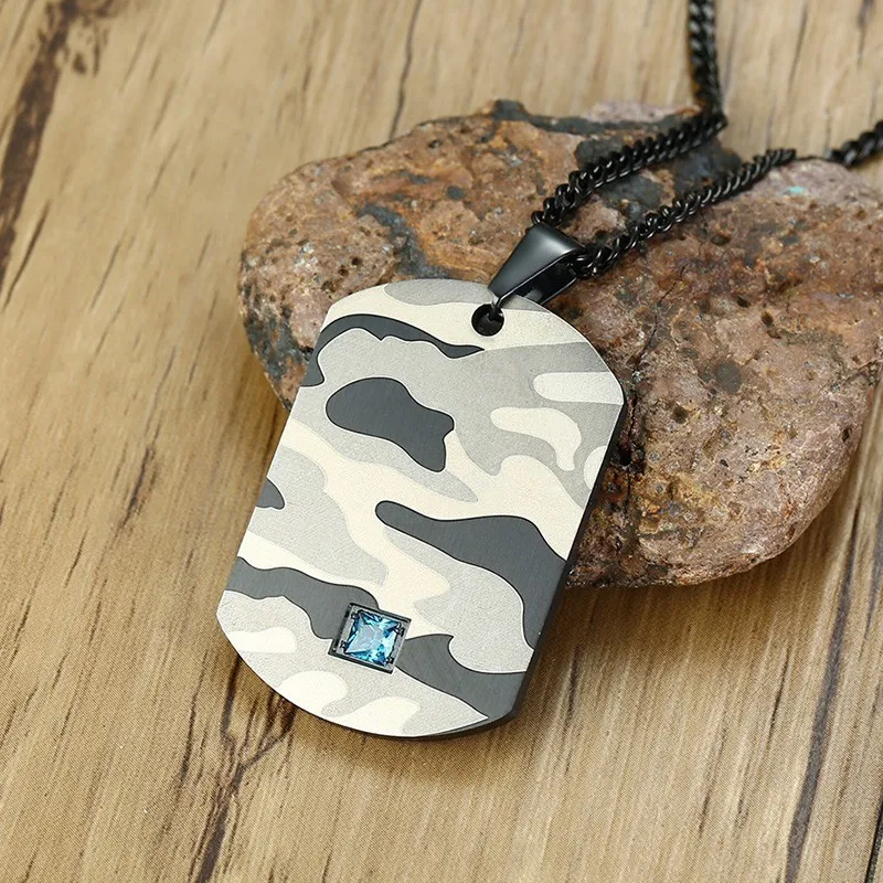 Dogtag Подвеска из нержавеющей стали Камуфляж синий кубический циркон CZ камень