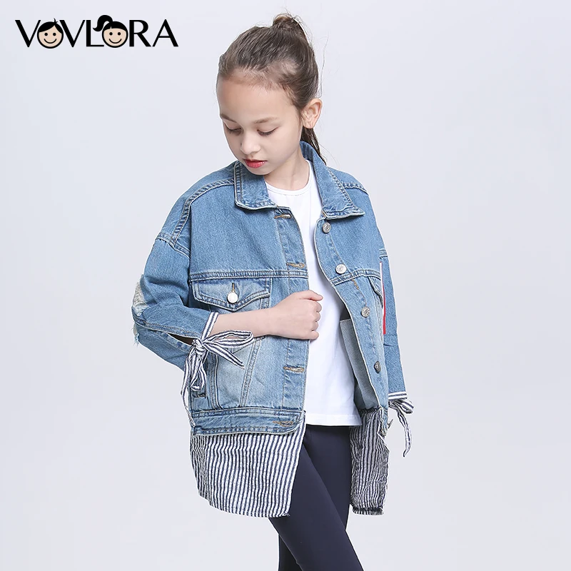 Denim Patchwork Striped Girls Jackets Coats Solid Cotton Long Sleeve Kids Coat Fashion 2018 Clothes Size 9 10 11 12 13 14 Years | Детская
