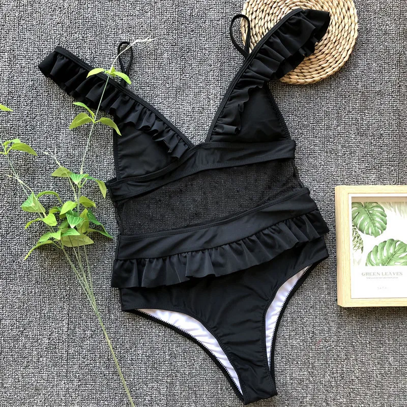 Solid Deep V Bikinis Ruffles One Piece Swimwear Women New Sexy 2019 Backless Set Hellow Swimsuit Monokini Biquini | Спорт и