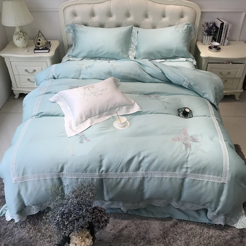 Hotsale 80s Imported Tencel Bedding Set Lace Embroidery Two-sided Ice Silk Quilt over Summer Home Textile 1.8m Bedsheet Freeship | Дом и сад