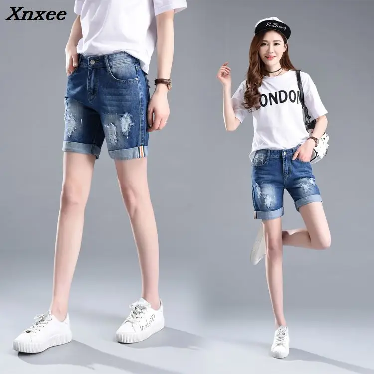 

Summer denim shorts straight loose hole jeans fashion casual hole women jeans short with pockets plus size Xnxee