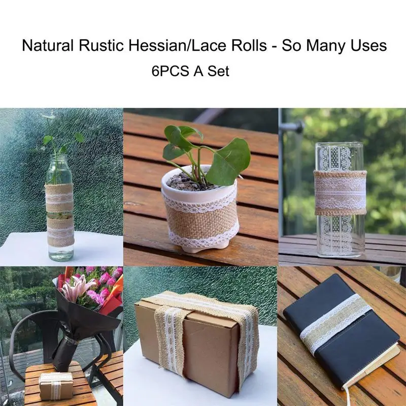 Лента из мешковины для свадебного украшения 6 шт. с белым кружевом 5 см x 2 м ручной