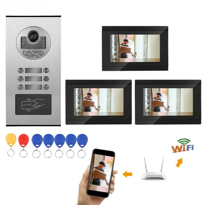 7 дюймов Wifi видеодомофон дверной звонок телефон двери RFID камера 3 квартиры Звонок