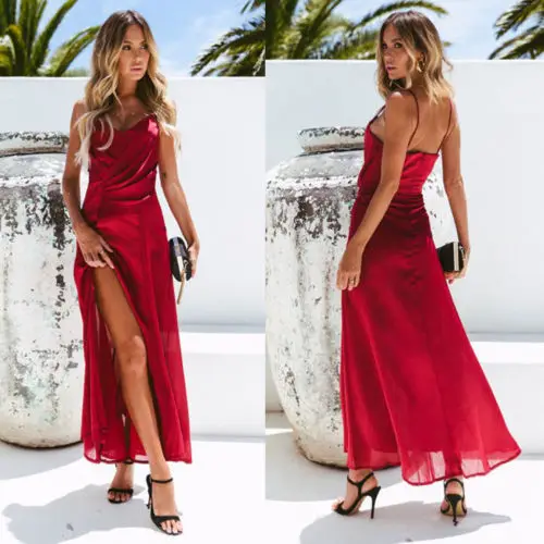 Женское летнее платье Макси Boho Пляжное Платье на бретельках с v образным вырезом