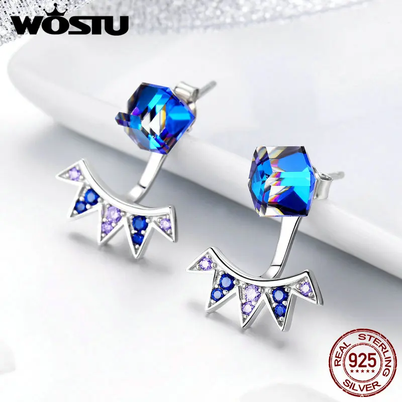 WOSTU, Ретро стиль, настоящее 925 пробы, серебряные ослепительные серьги-гвоздики с кристаллами, циркониевые синие серьги для женщин, модное ювелирное изделие, подарок CQE544