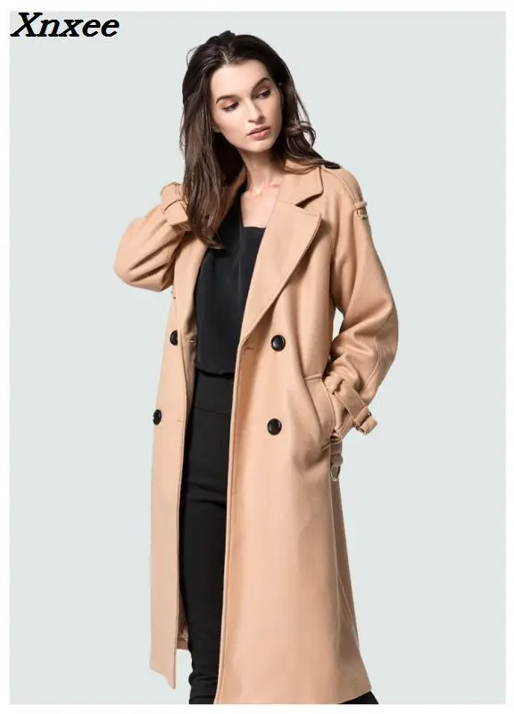 Women's casual wool blend trench coat double breasted oversize coat with belt medium-long loose style autumn/winter clothing